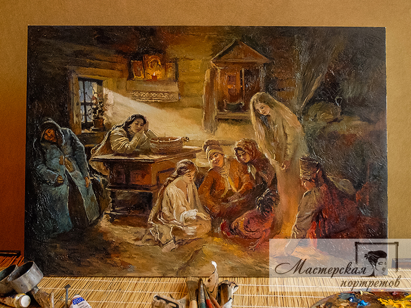 Репродукция картины Маковского - Святочные гадания (с прорисовкой маслом)