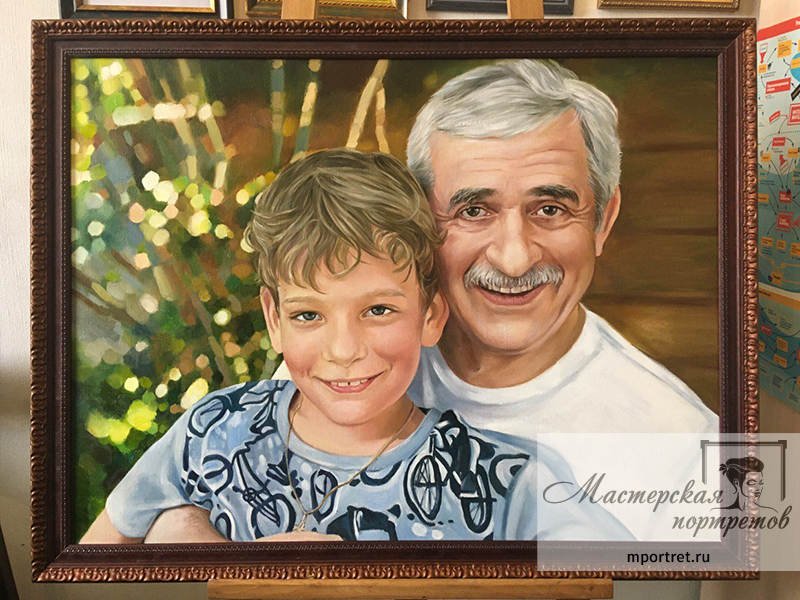 Портрет маслом деда с внуком