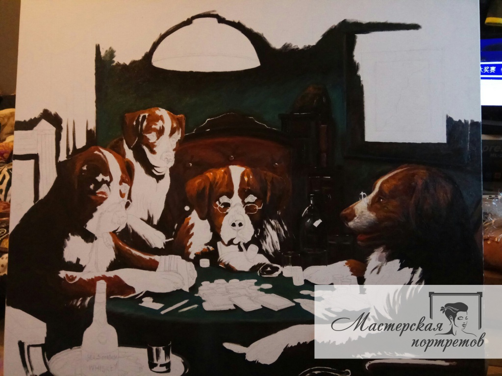 Копия картины - Собаки за карточным столом